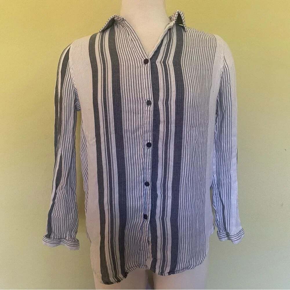 Thread & Supply Striped Collared Long Sleeve Button Down​ Lyocell Blouse Medium